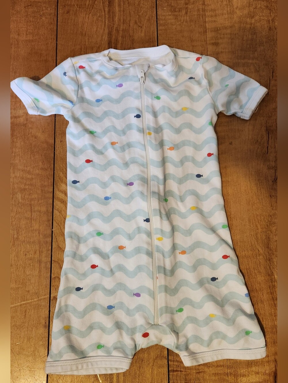 ❤️ 3/$15! Primary Short-Sleeve Zip Romper - Light Blue Wave with Multicolor Fish